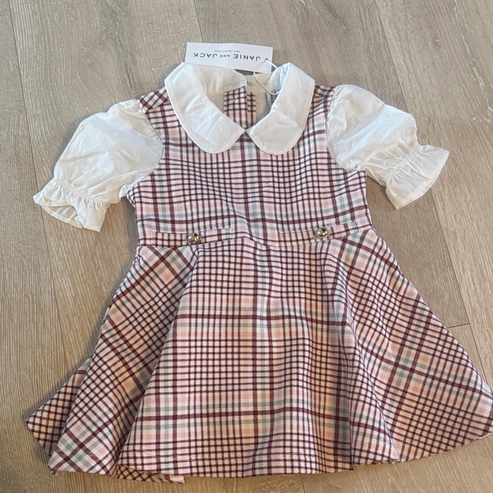 Janie and Jack Cream and Burgundy Plaid Dress with White Collar